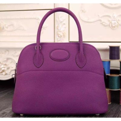Hot Selling Hermes Bolide Womens Handbag Purple Cow Leather Removable Shoulder Strap Silver Hardware 