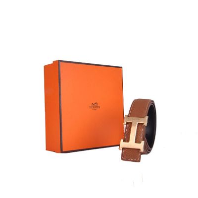 Hermes High End Calf Leather Stitches Detail Strap Gold Logo Buckle Male Coffee Belt Replica