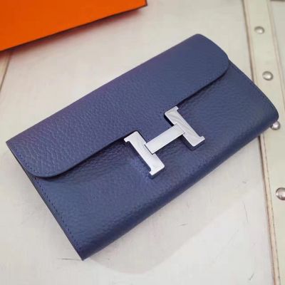 Vintage Hermes Constance Dark Blue Togo Leather Long Wallet Silver H Logo Buckle For Girls 