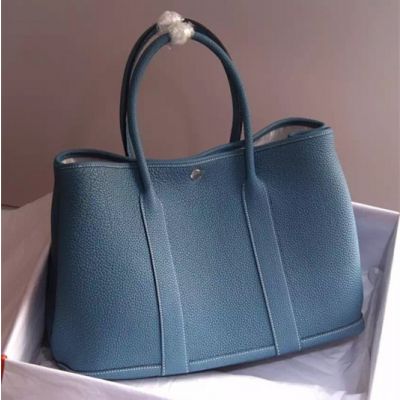 Hermes Garden Party Wide Base Silver Hardware Small Blue Leather Fake Tote 31CM Handbag H069572CKAI