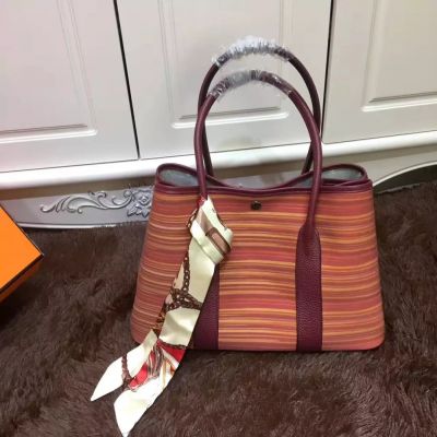 Hermes Garden Party Burgundy Leather Handle 36CM Colorful Canvas Tote Bag Silk Ribbon Price 2015