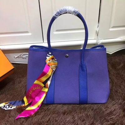 Hermes Garden Party Ladies Canvas-leather Tote Bag Silk Ribbon Medium Electric Blue Narrow Handle 