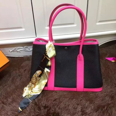 Top Sale Hermes Garden Party 36CM Black-Peach Leather Ladies Handbag With Silk Ribbon Tote Bag 
