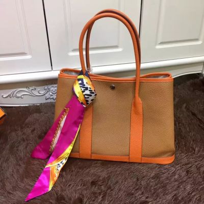 Good Price Hermes 36CM Camel & Orange Leather Garden Party City Bag Silk Trimming Narrow Handle 