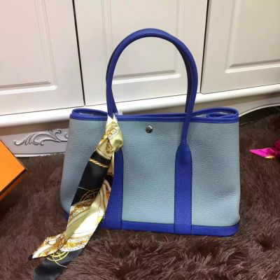 Fashion Baby Blue & Sapphire Blue Hermes Garden Party Medium Leather Tote Bag Silk Ribbon 