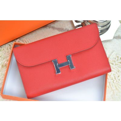 Hermes Ladies Constance Silver Metal H Logo Flap Wallet Red Leather 12 Card Slots  