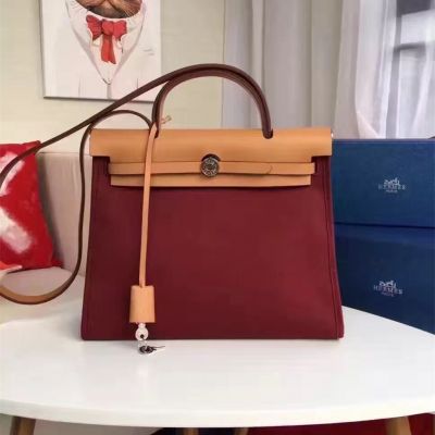 Fashion Burgundy Canvas Hermes Herbag 31CM Ladies Shoulder Bag Light Brown Leather Flap Online 