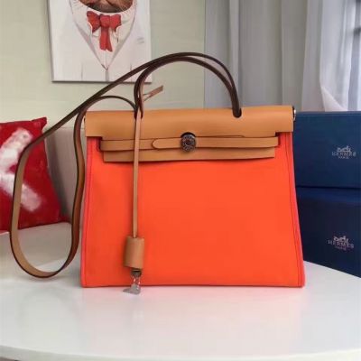 Hermes Women's A-Shaped Orange Canvas Flap Tote Bag Leather Belt With Silver Buckle 2017 Price 31CM