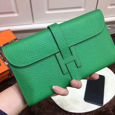 Latest Ladies Hermes Jige Grained Togo Leather Green Long Belt Wallet H Leather Loop 