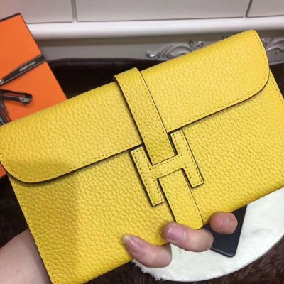 Women's Hermes Jige Lemon Yellow Togo Leather Long Wallet Narrow Belt Leather H Logo Loop 