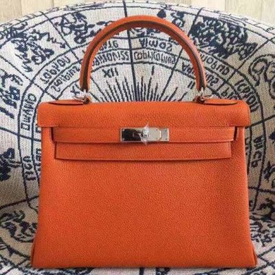 2017 Autumn Orange Hermes Kelly 28CM Silver Buckle Top Handle Ladies Tote Bag Togo Leather 
