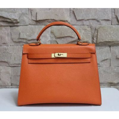 A-shaped Womens Quality Hermes Kelly Orange Epsom Leather Flap Bag Leather Strap Golden Hardware 