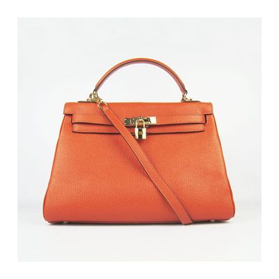 Women's Orange Togo Leather Top Handle Flap Shoulder Bag Golden Hardware Wide Base With Studs 