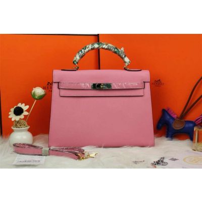 Hermes Kelly 32 CM Pink Epsom Leather Flap Tote Bag Silk Twining Handle  Golden Hardware 