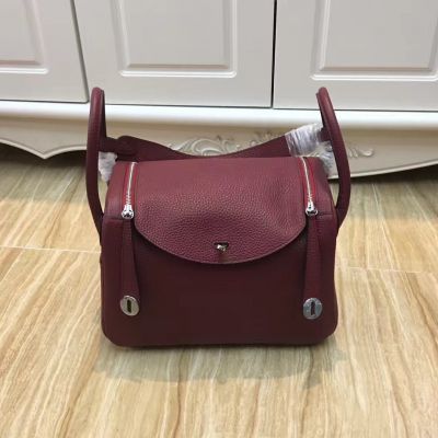 Hermes Lindy 30CM Womens Burgundy Flap Handbag Silver Zipper With Leather Trimming Wide Strap 