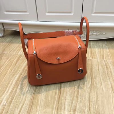 Good Reviews Hermes Lindy Orange Leather Flap Handbag Leather Trimming With Silver Buckle In Paris 
