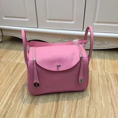 Women's Pink Hermes Lindy Clemence Wide Shoulder Strap & C-shaped Handstrap Box Handbag Silver 