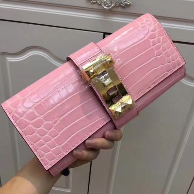Top Sale Hermes Medor 29CM Pink Croco Leather Flap Ladies Fake Clutch Gold Plated Buckle 