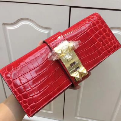 Good Reviews Ladies Hermes Medor Red Croco Leather Clutch Bag Long Golden Lock 29CM 