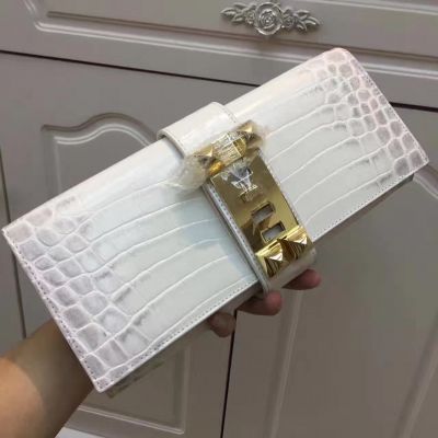 Latest Hermes Medor 29CM White Croco Leather Flap Clutch Bag Golden Hardware For Womens Replica 