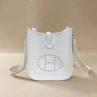 White Leather Mini Hermes Silver Hardware Women's Evelyne TPM Handbag Logo Perforated Plaque Saddle France 