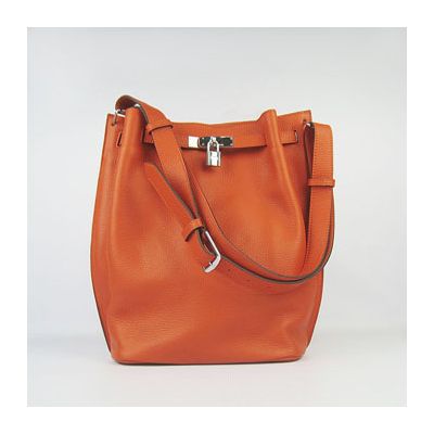 Women's 28CM Orange Hermes So Kelly Shopper Silver Hardware  Togo Leather Shoulder Bag Wide Strap 