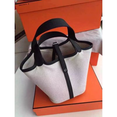High Quality Bi-color Hermes Picotin Double Wide Handle Tubby Canvas Lock Bag White & Black 
