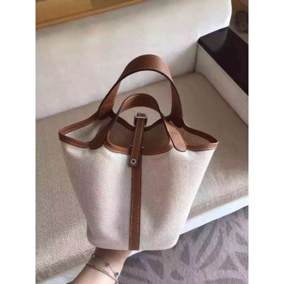 Best Hermes Picotin White Canvas Bucket Bag Brown Leather Side Belt & Flat Handle Replica 