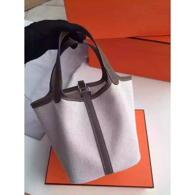2017 New Ladies Leather-Canvas Hermes Silver Padlock Evening Bag White & Dark Grey Picotin Bag 