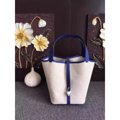 Fashion Hermes Picotin Sapphire Blue-Light Grey Top Handle Heart-shaped Padlock Bucket Bag For Womens Online 
