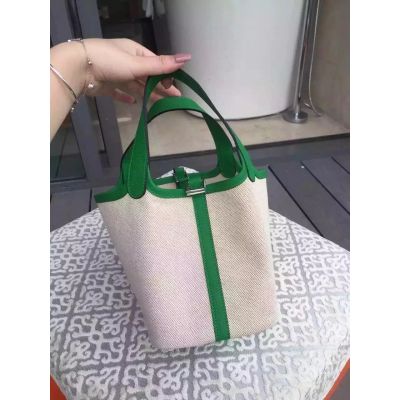 Retro Ladies Hermes Picotin Large Base Green Leather Lock Bag White Canvas For Women's 