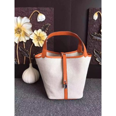 Bi-color Hermes Silver Padlock Female Side Belt Canvas Picotin Bag For Going Out White-Orange 