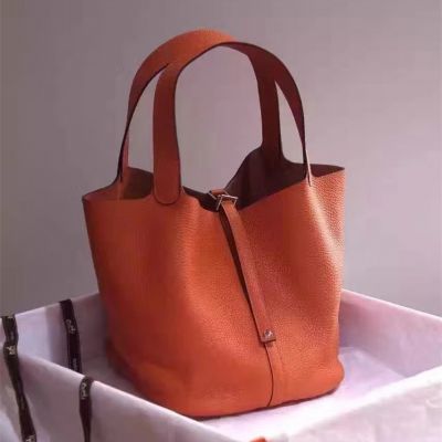 Replica New In Box Hermes Wide Flat Top Handle Orange Togo Leather Picotin Lock Bag 