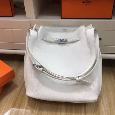 White Fashion Hermes Kelly Womens Fake Togo Leather Shoulder Bag Silver Hardware Wide Strap 