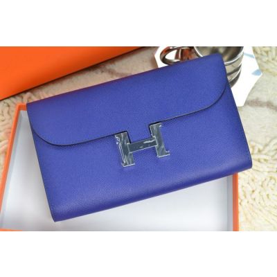 Fashion Silver H Logo Buckle Ladies Hermes Costance Flap Wallet Royal Blue Zipper Purse With Padlock 