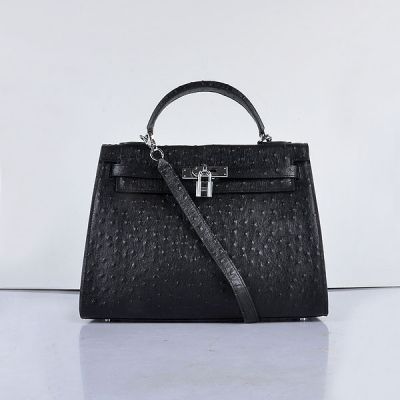 Black Grained Leather Hermes Kelly A-shaped Replica Shoulder Bag Flat Handle Silver Padlock Online 