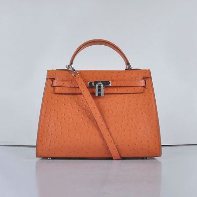 Fashion Orange Ostrich Vein Leather Flat Top Handle Removable Shoulder Strap Tote Bag Silver Lock 
