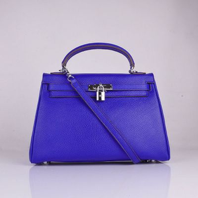 Chick Hermes Kelly Electric Blue Leather 32 CM Silver Lock Tote Bag Small Flip-over Flap 