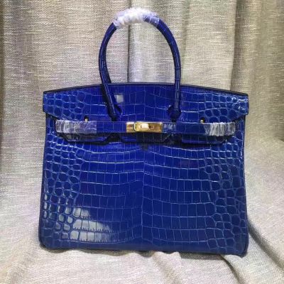 Most Fashion Hermes Birkin Electric Blue Crocodile Ladies Lace Style Flap Handbag Belt With Golden Turn-lock 
