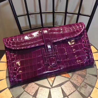 Purple Croco AAA Quality Hermes 28CM Jige Flap Clutch H Logo Leather Loop For Ladies 