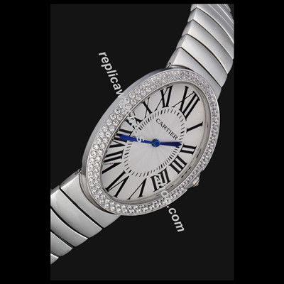 Cartier Baignoire Ref. WB520025 Double Two-rows Diamonds Bezel SS Bracelet Oval Quartz Watch 