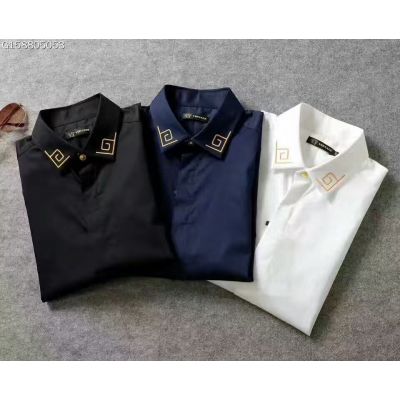 Versace Greca Borderc Embroidery Collar Mens Mercerized Cotton Covered Placket Short-Sleeve Shirts White/Blue/Black