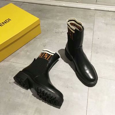 Imitation 2018 Fashion Fendi Logo Printed Black Leather Rockoko Combat Sock Ankle Boots For Womens