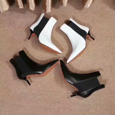 2018 Celine Fashion Elasticated Decoration Womens Pointy Toe High-Heeles Leather Shoes Price HK White/Black
