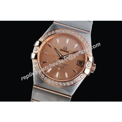 Omega Constellation Swiss 35mm Diamonds Rose Gold Ref 123.10.35.20.01.001Steel Bracelet Unisex Watch 