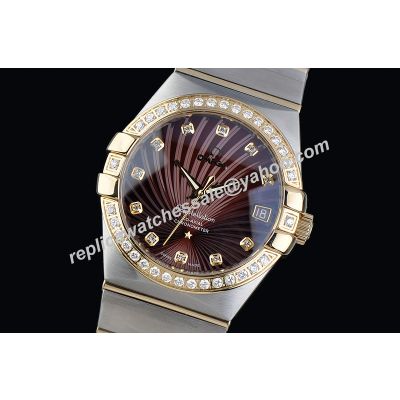 Omega Constellation Diamonds Yellow Gold Date 2-Tone Bracelet Brown Watch 
