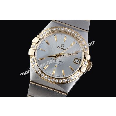 Fake Omega Constellation  Diamonds Bezel Date Rose Gold Swiss Watch 