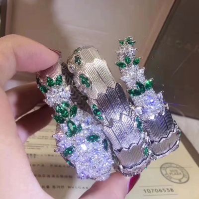 Bvlgari Serpenti Crystals Green Gemstones Three Laps Snake Shape Silver Plated Bracelet Women Sale UK