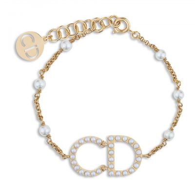 Christian Dior Logo Cream Resin Pearls Gold Chain Bracelet B0778YDRRS D301 Adjustable Size