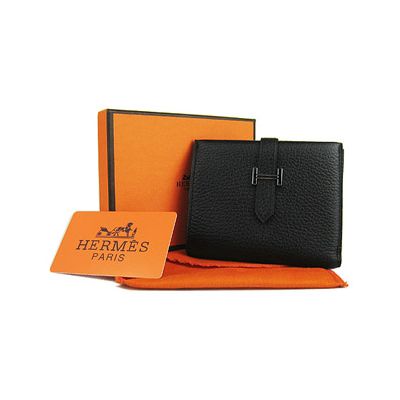 AAA Quality Hermes Black Cowhide Leather Unisex Bi-fold Belt Wallet H-shaped Loop For Sale 